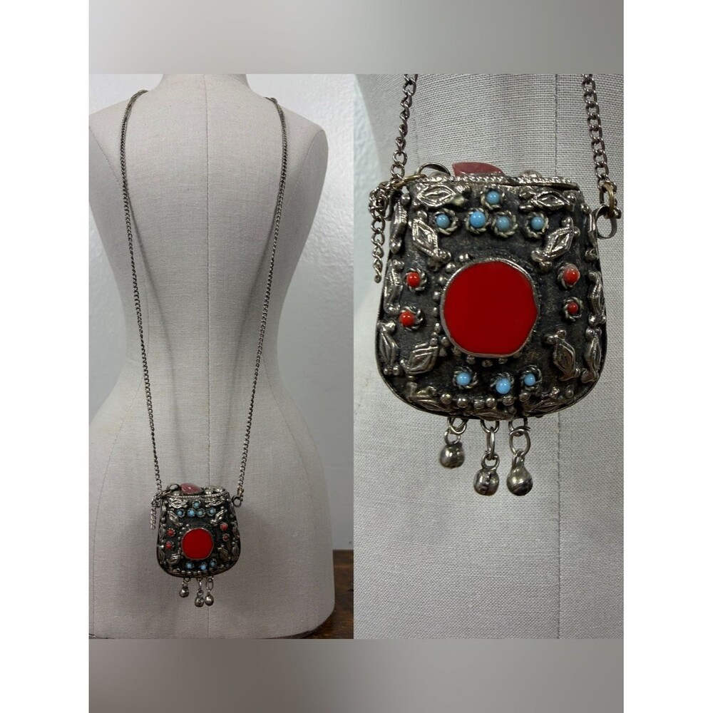 Antique Afghanistan Turkoman or Tibetan Pendant Necklace Metal pouch